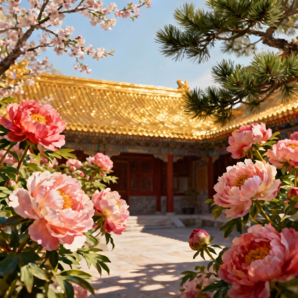 AI spring courtyard in the Forbidden City with peonies