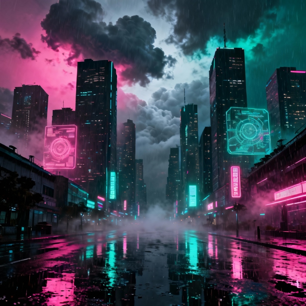 AI neon cyberpunk city skyline at night poster