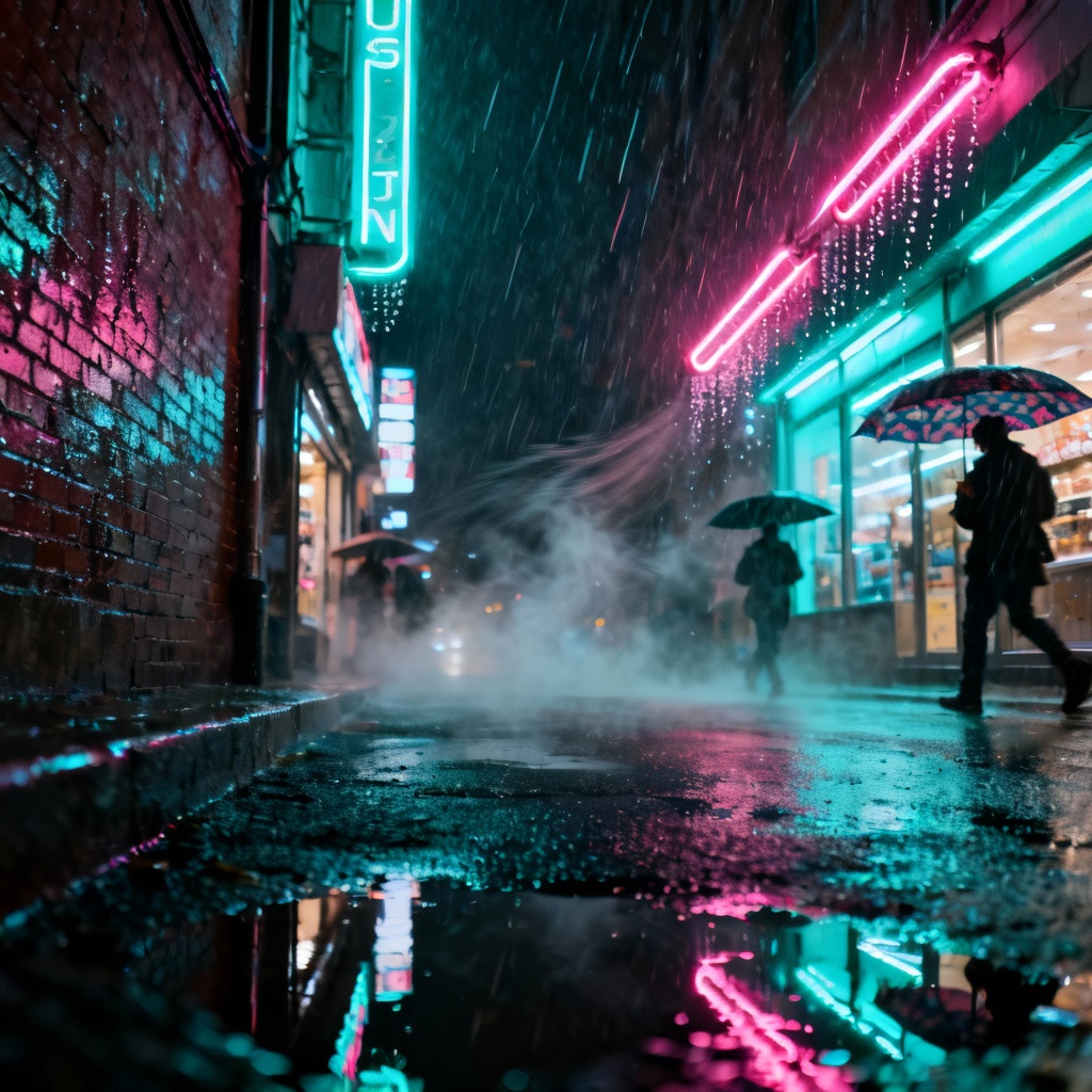 Neon night street in heavy rain with reflections