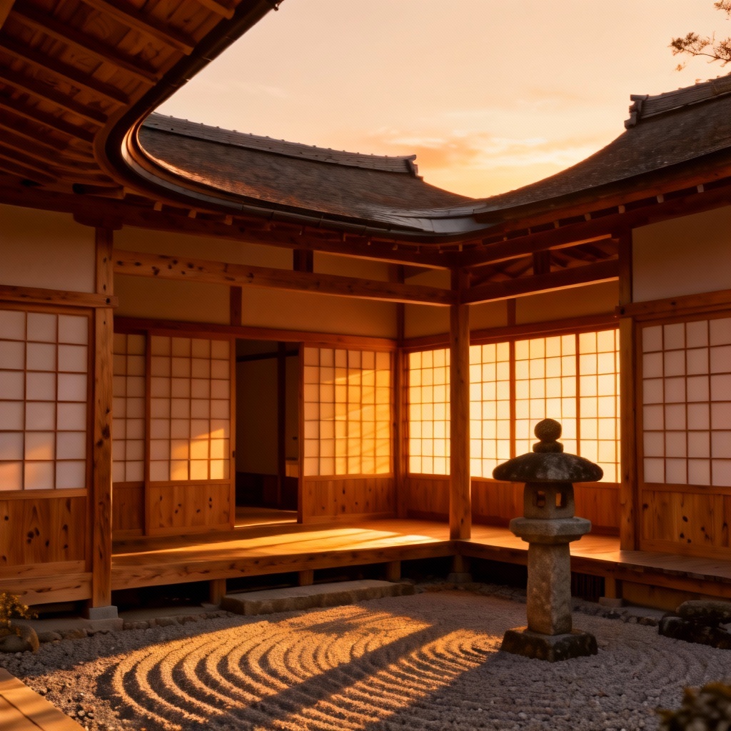 AI Japanese wooden temple courtyard with hinoki timber and shoji