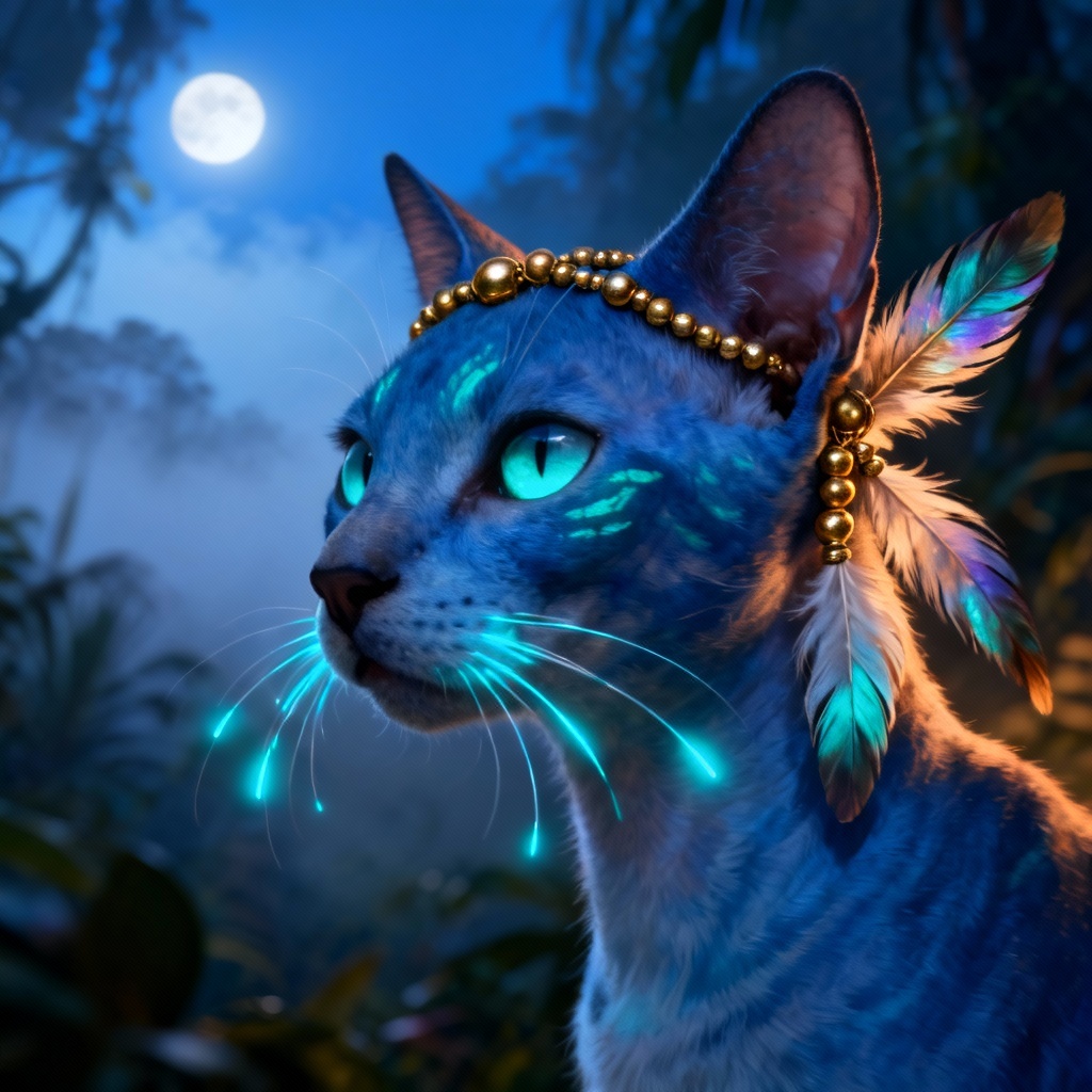 Blue alien cat with bioluminescent whiskers