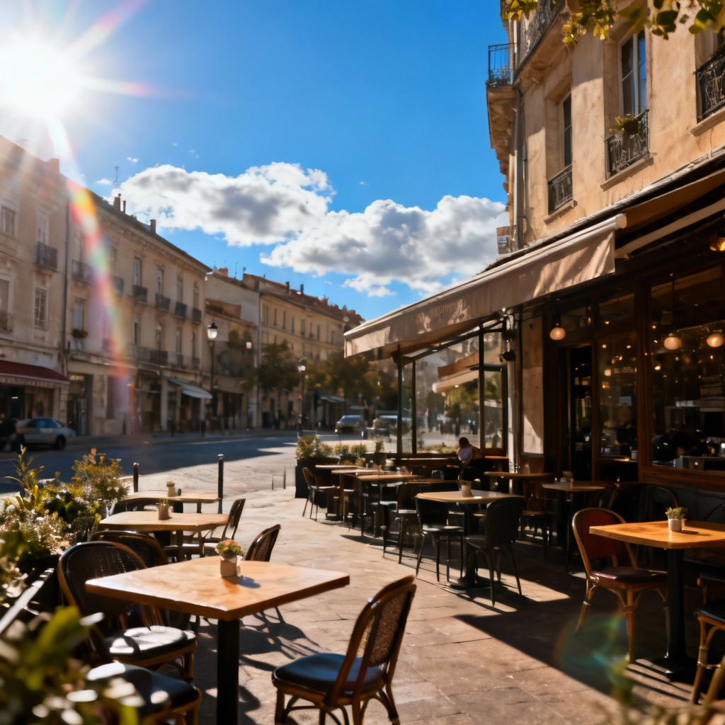 AI sunny day generator result at street cafe