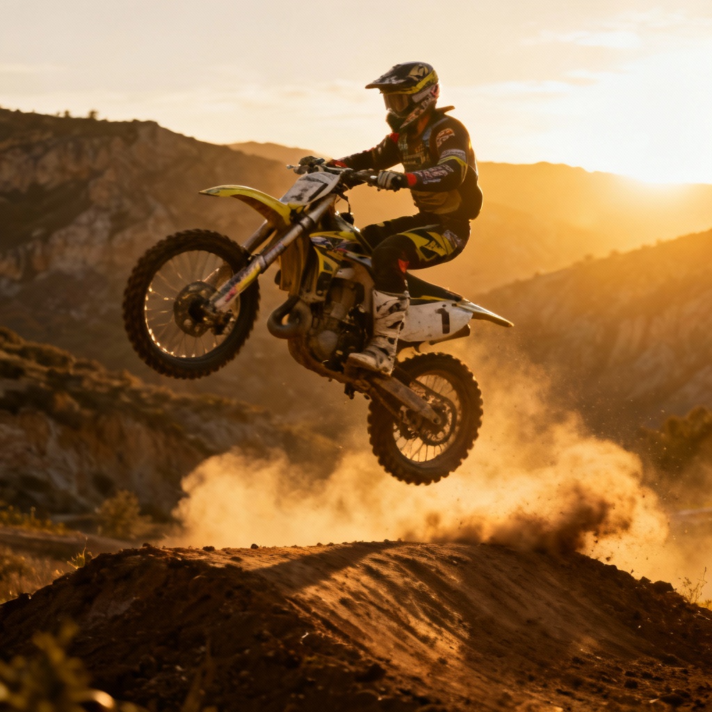 AI motocross rally jump with dust and golden light