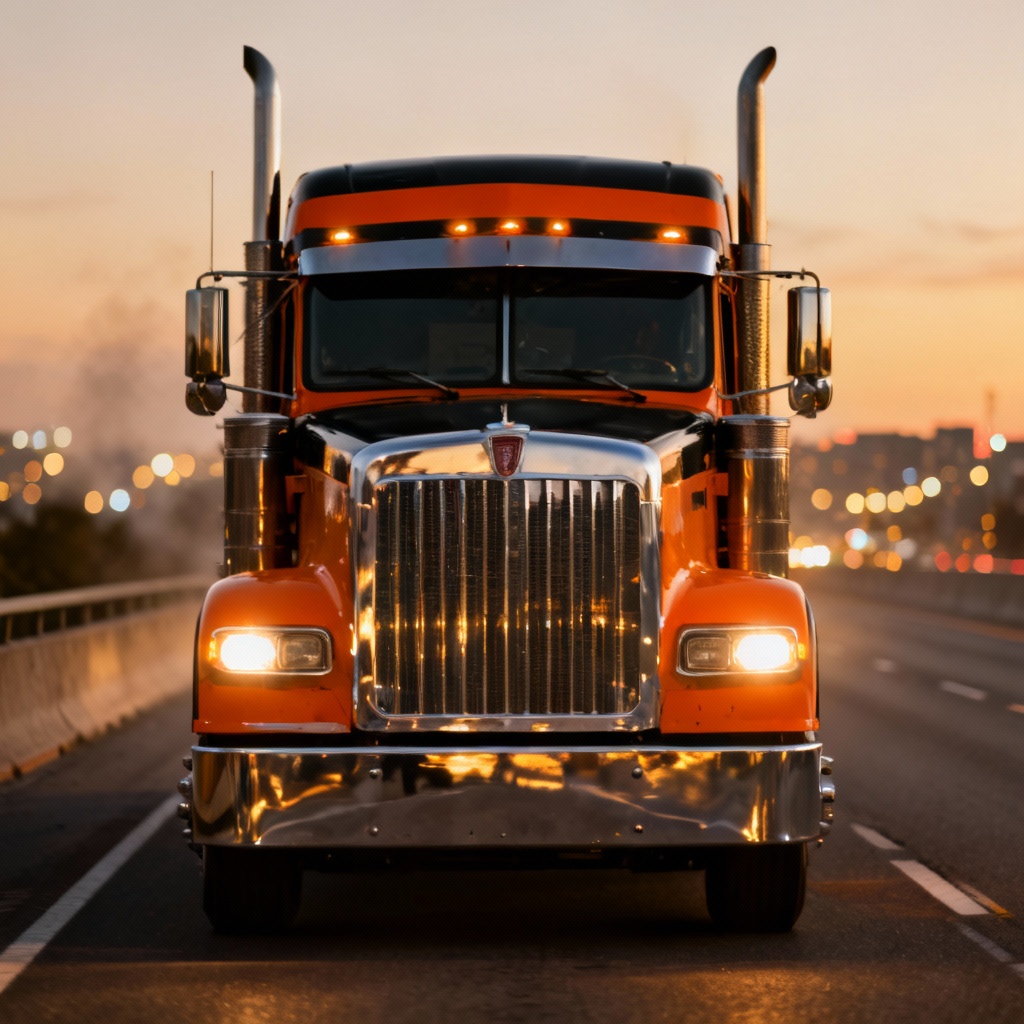 AI classic long nose semi truck at dusk