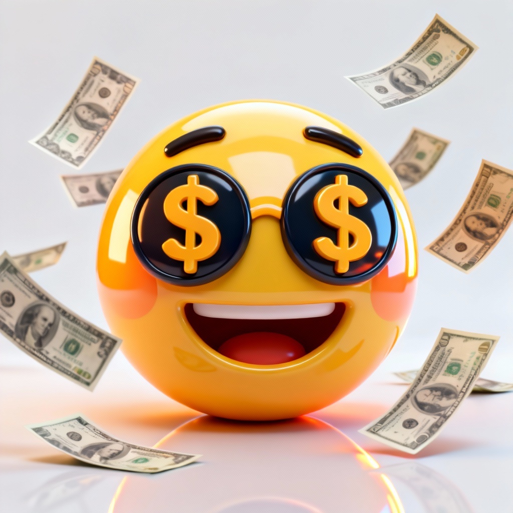 3D render emoji-style money face with floating bills