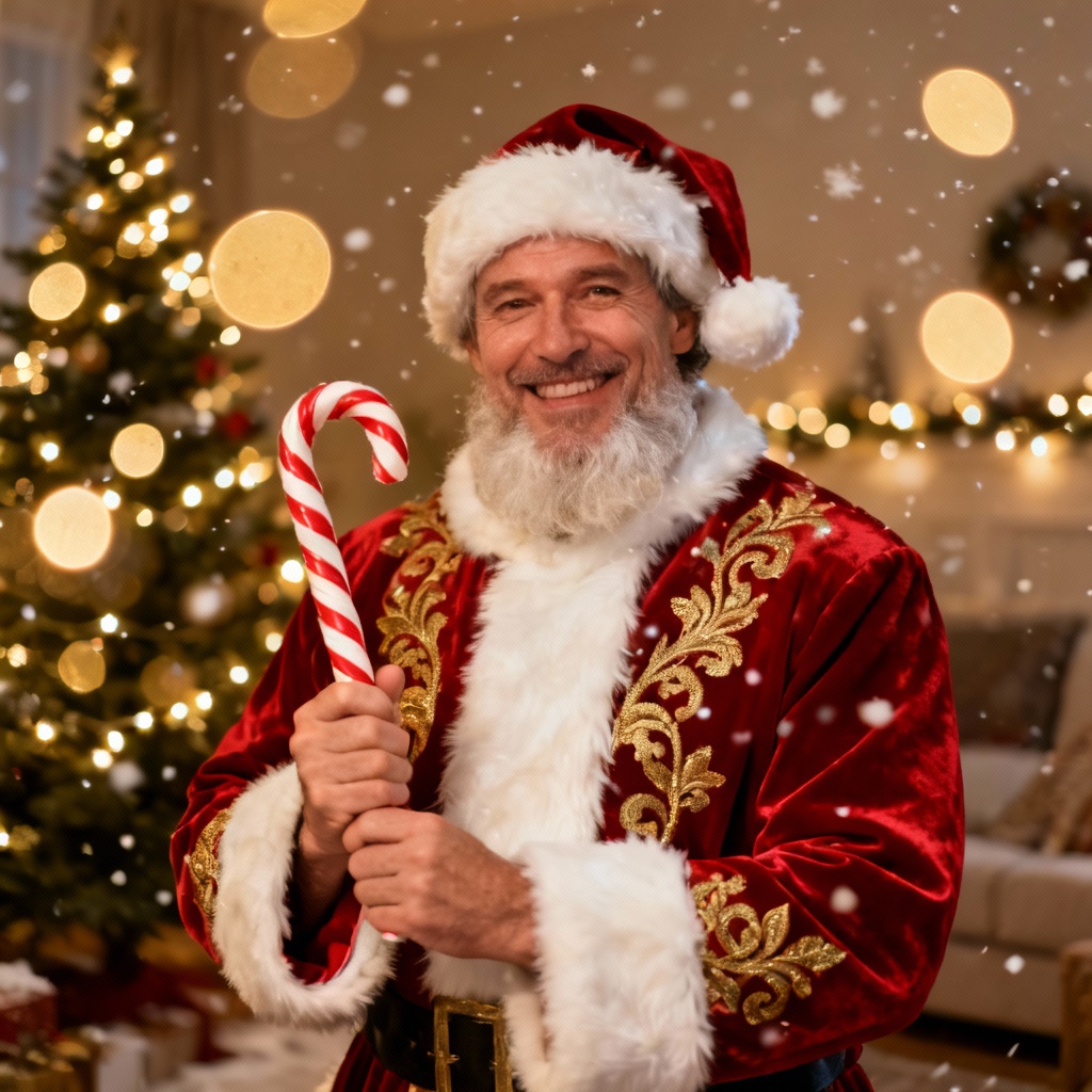 AI Christmas costume portrait featuring a classic Santa suit