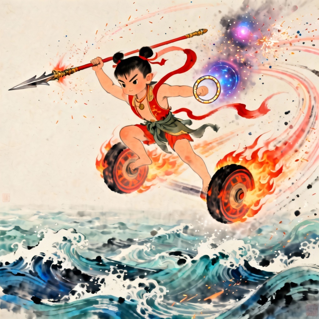 AI art of Nezha riding fire wheels over ocean waves