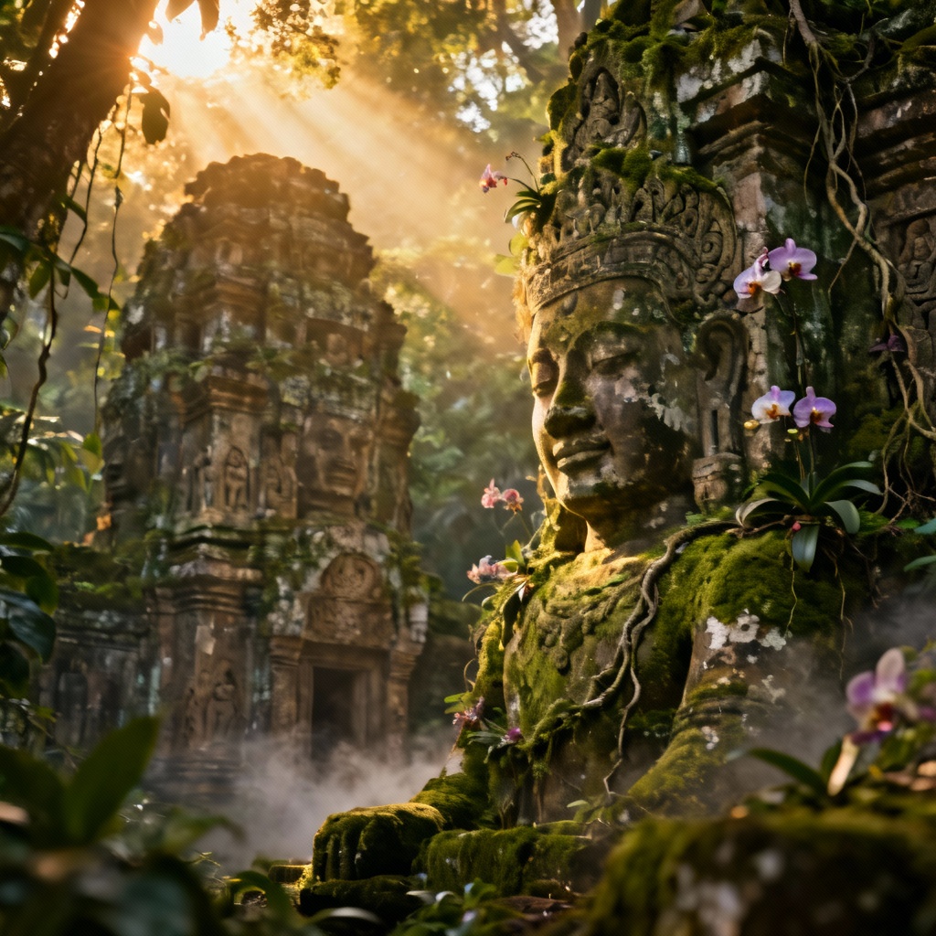 Photorealistic jungle temple with mossy pillars at sunset