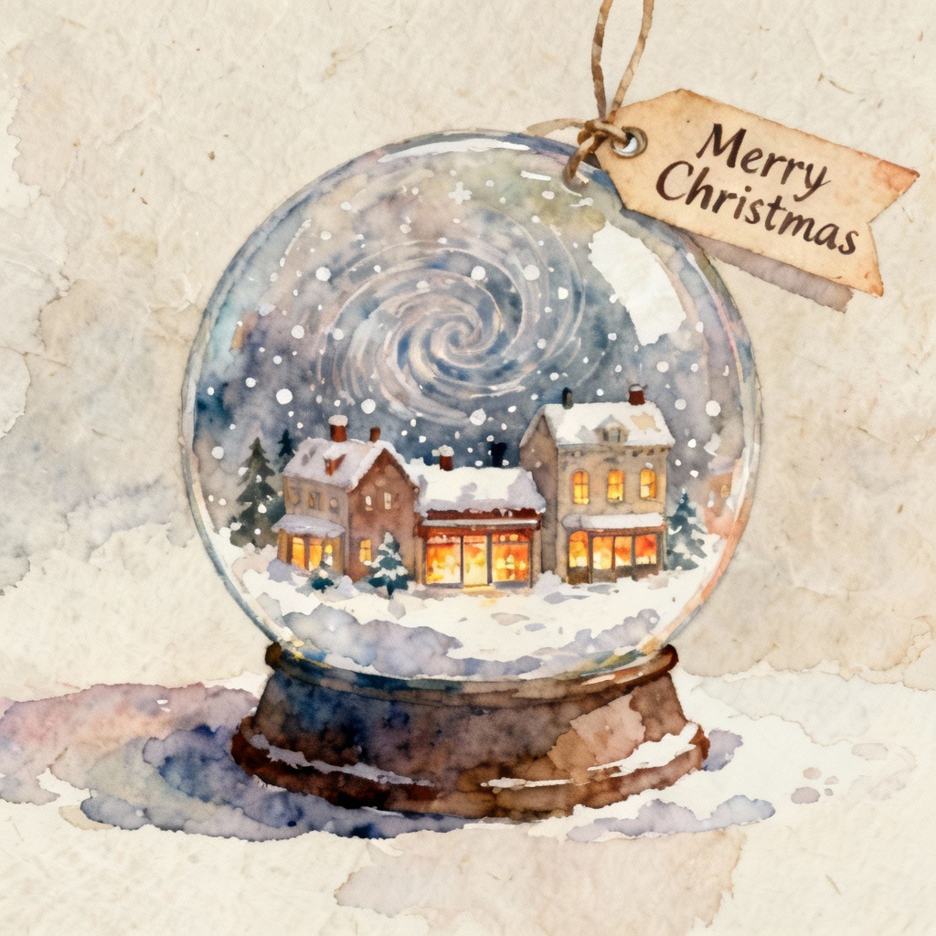 Watercolor snow globe illustration with winter town