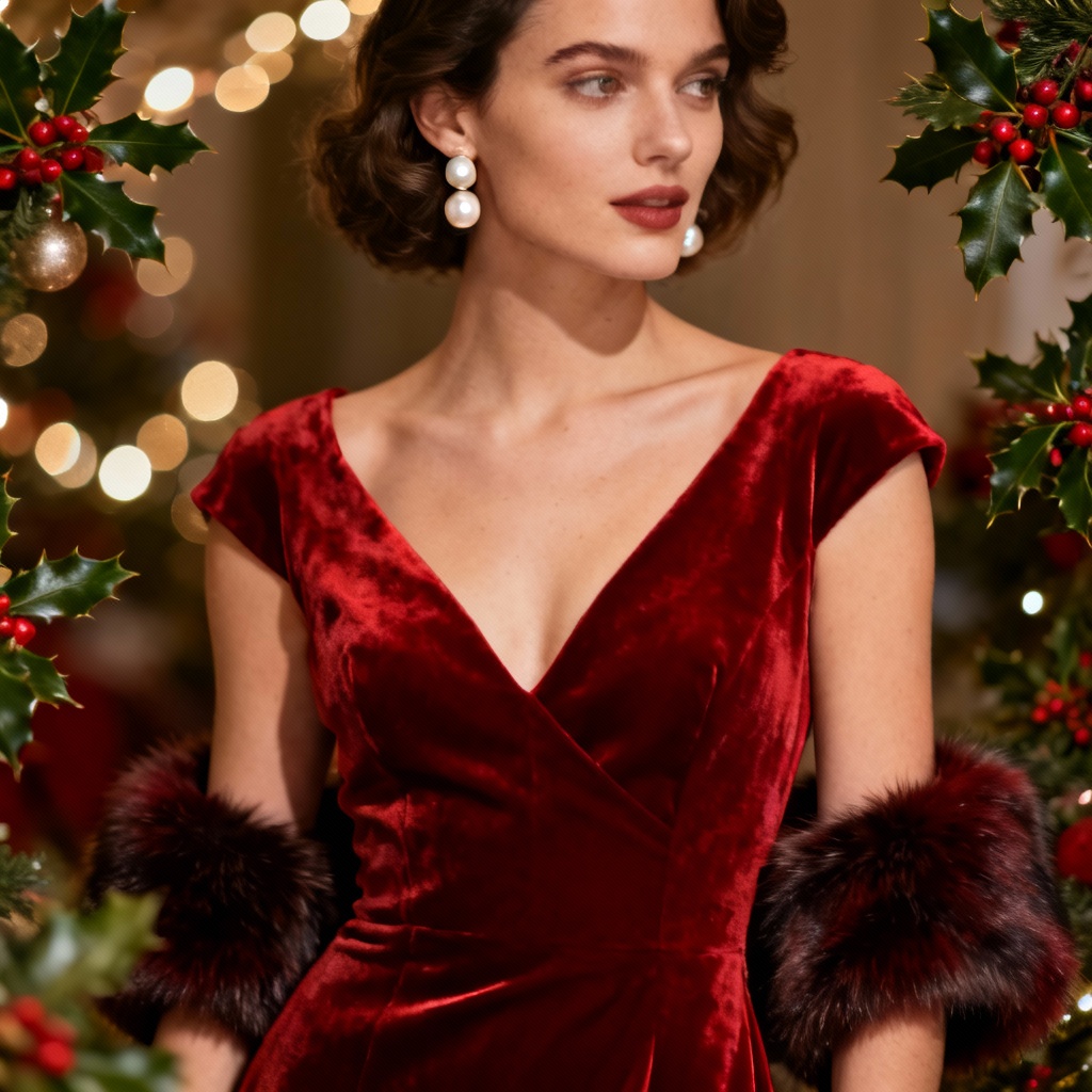 AI Crimson Christmas Party Dress