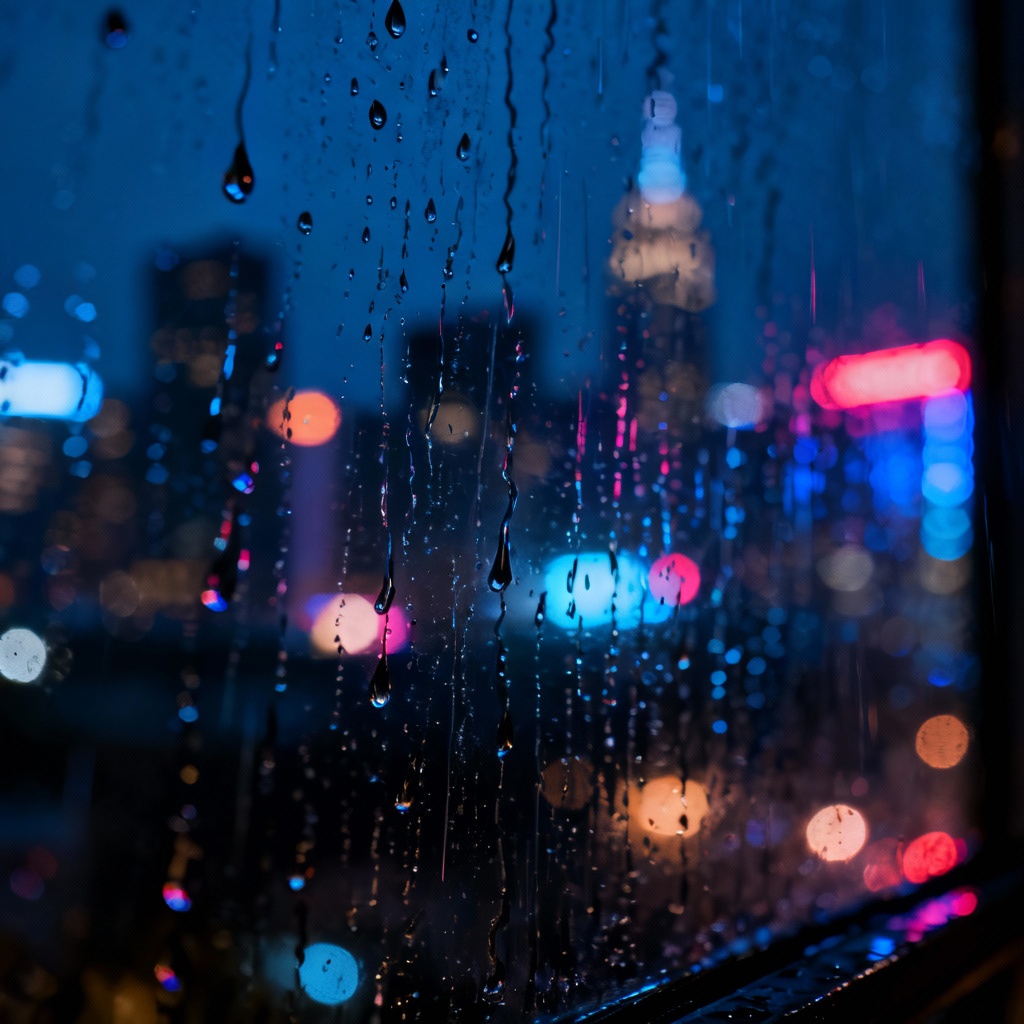 Realistic raindrop effect on window with neon city bokeh