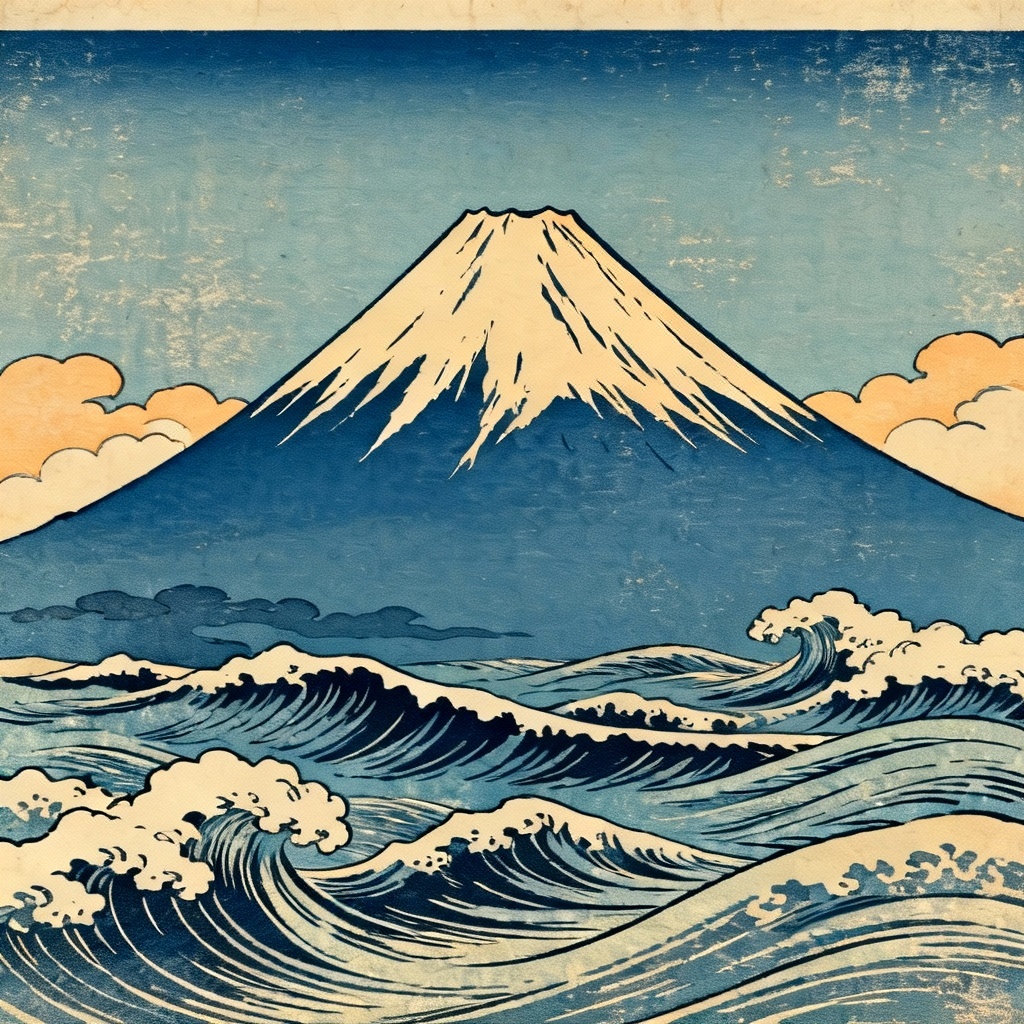 AI ukiyo-e style Mount Fuji background with stylized waves