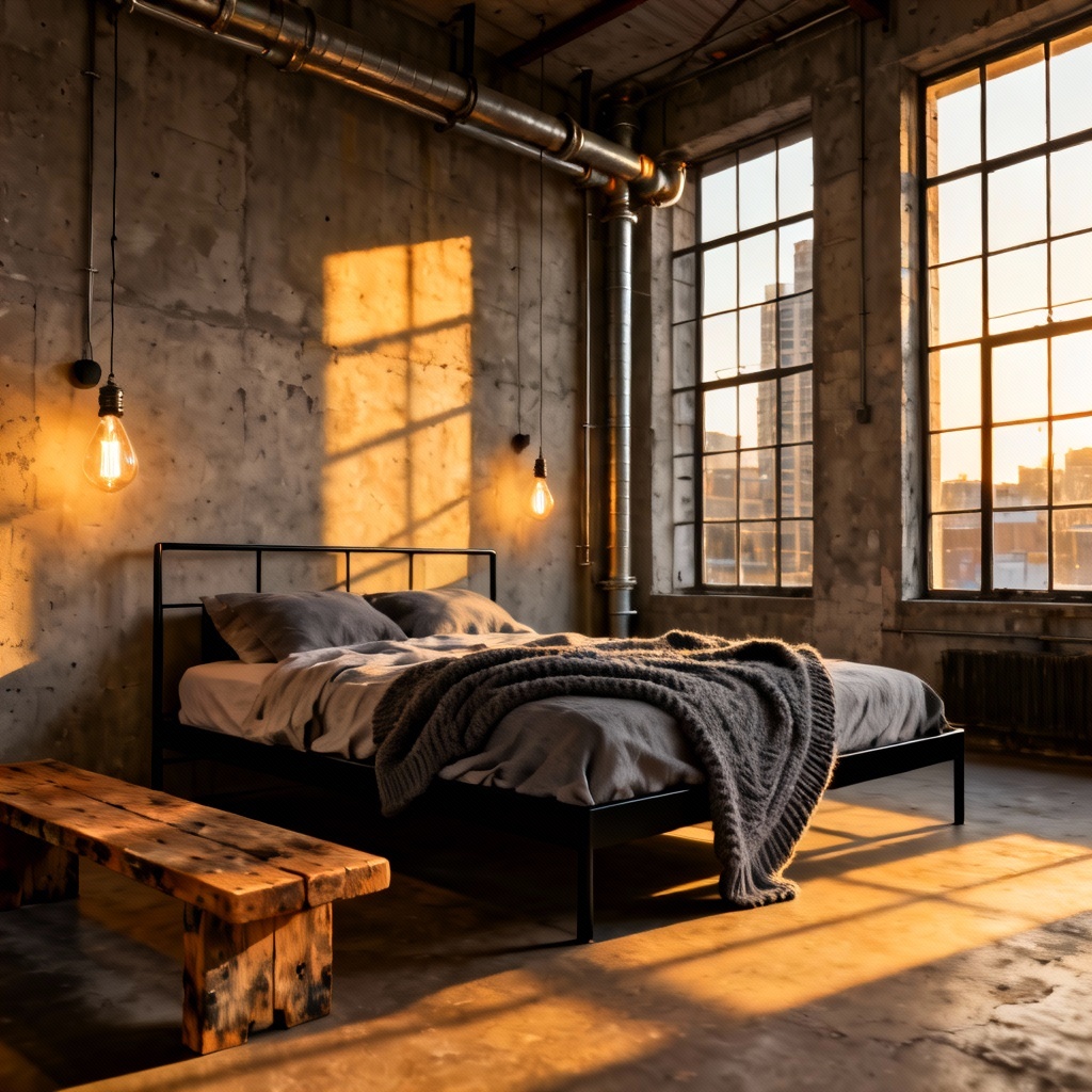 AI industrial loft bedroom with concrete and metal details