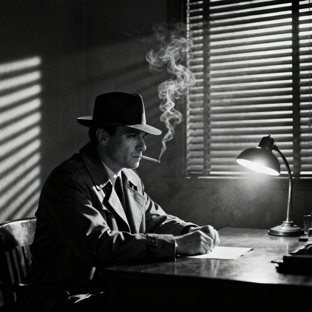 AI noir detective silhouette with blinds shadow and smoke