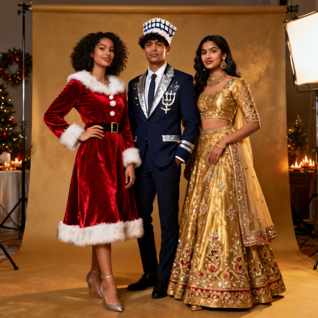 AI festive attire group portrait in mixed holiday styles