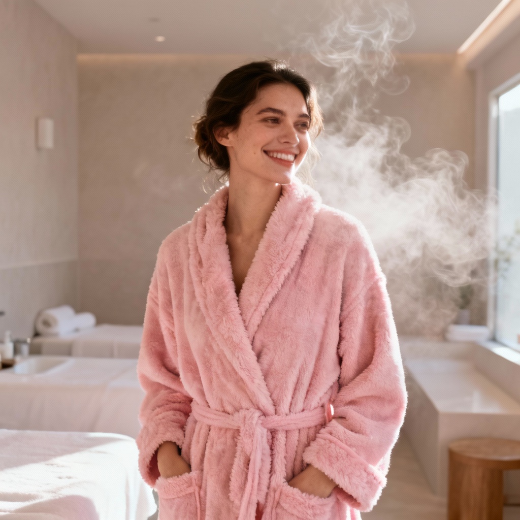 AI plush pink bathrobe spa scene