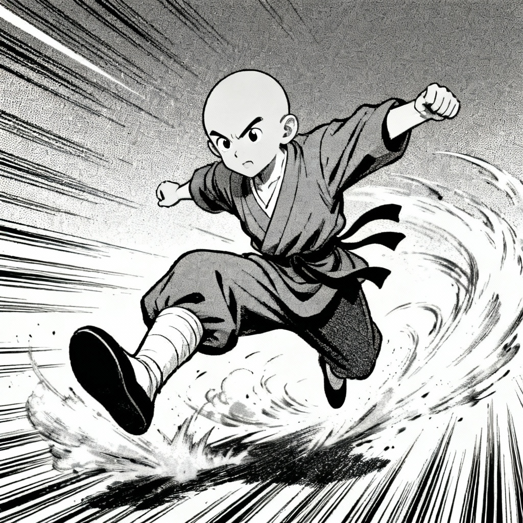 Comic panel Aang-style hero landing