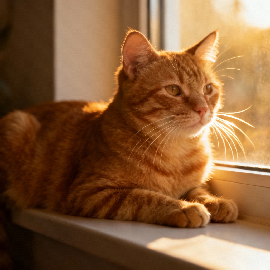 Photorealistic tabby cat in warm sunlight