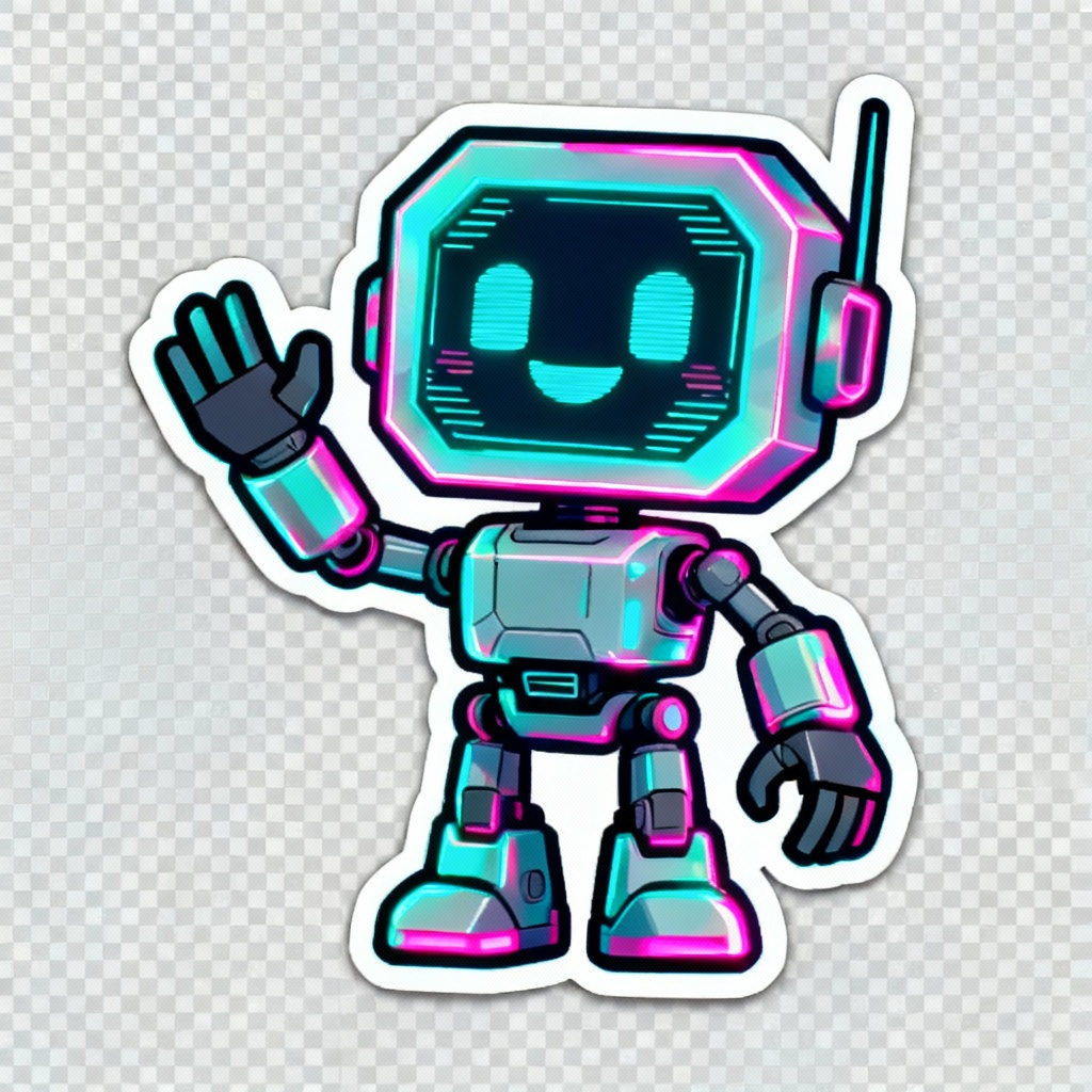 Neon cyber robot sticker with glowing accents