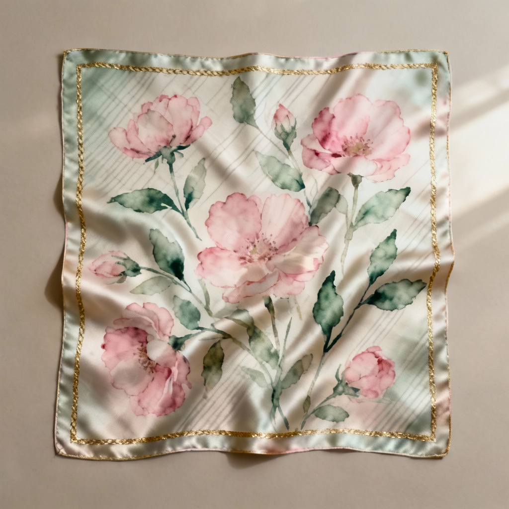 AI Elegant Silk Floral Scarf Flatlay