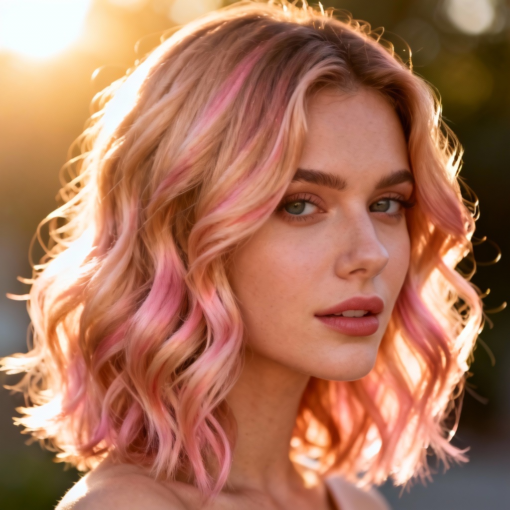 AI rose gold pink balayage waves hairstyle