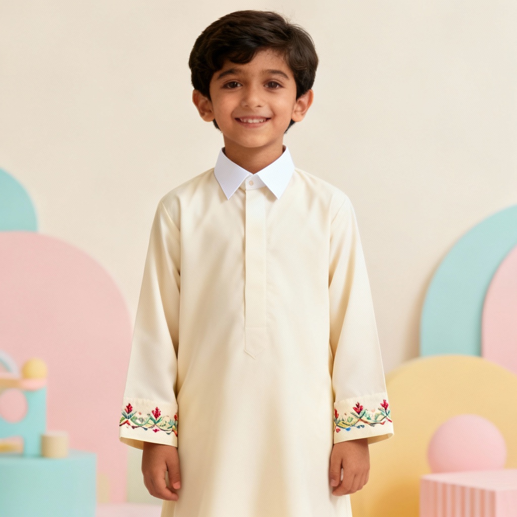 AI kids Eid thobe in ivory with subtle embroidery