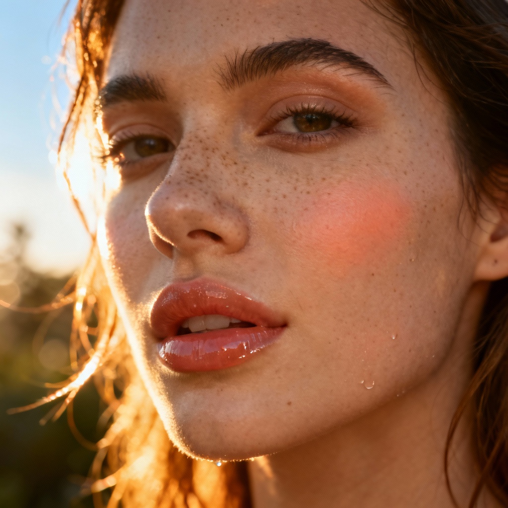 AI golden hour morning beauty closeup with warm highlights