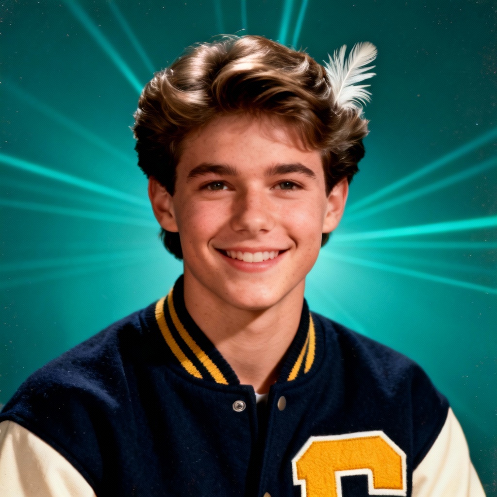 AI Hawkins yearbook portrait with 80s studio backdrop and soft flash