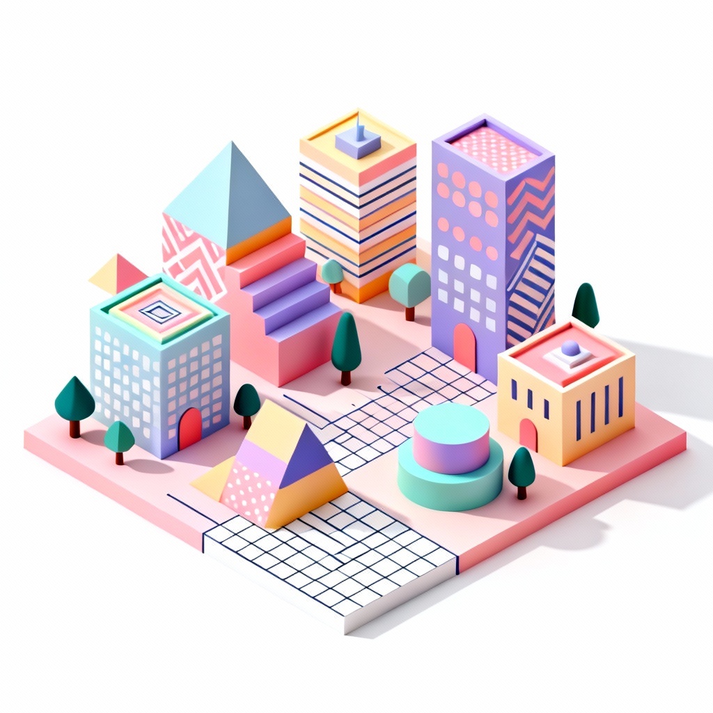 AI isometric flat 3D city with Memphis patterns