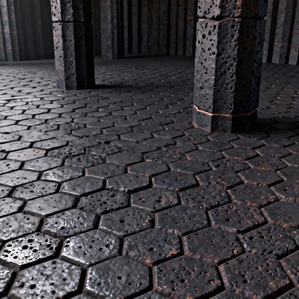 AI basalt hexagonal column floor with crisp joints