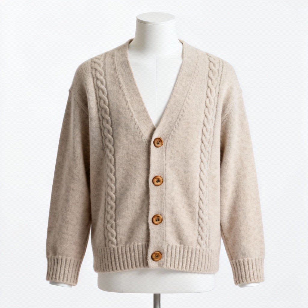 AI generated cardigan design on mannequin, cable knit with ribbed cuffs