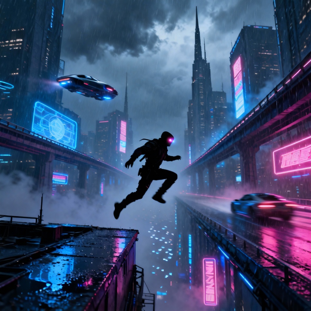 AI Star Wars neon sci-fi megacity with flying traffic