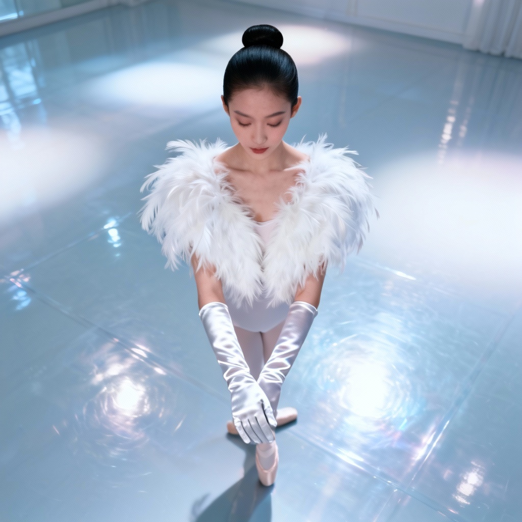 AI balletcore editorial portrait with feathered shrug