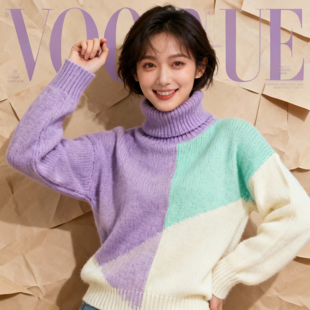 AI pastel color-block turtleneck editorial