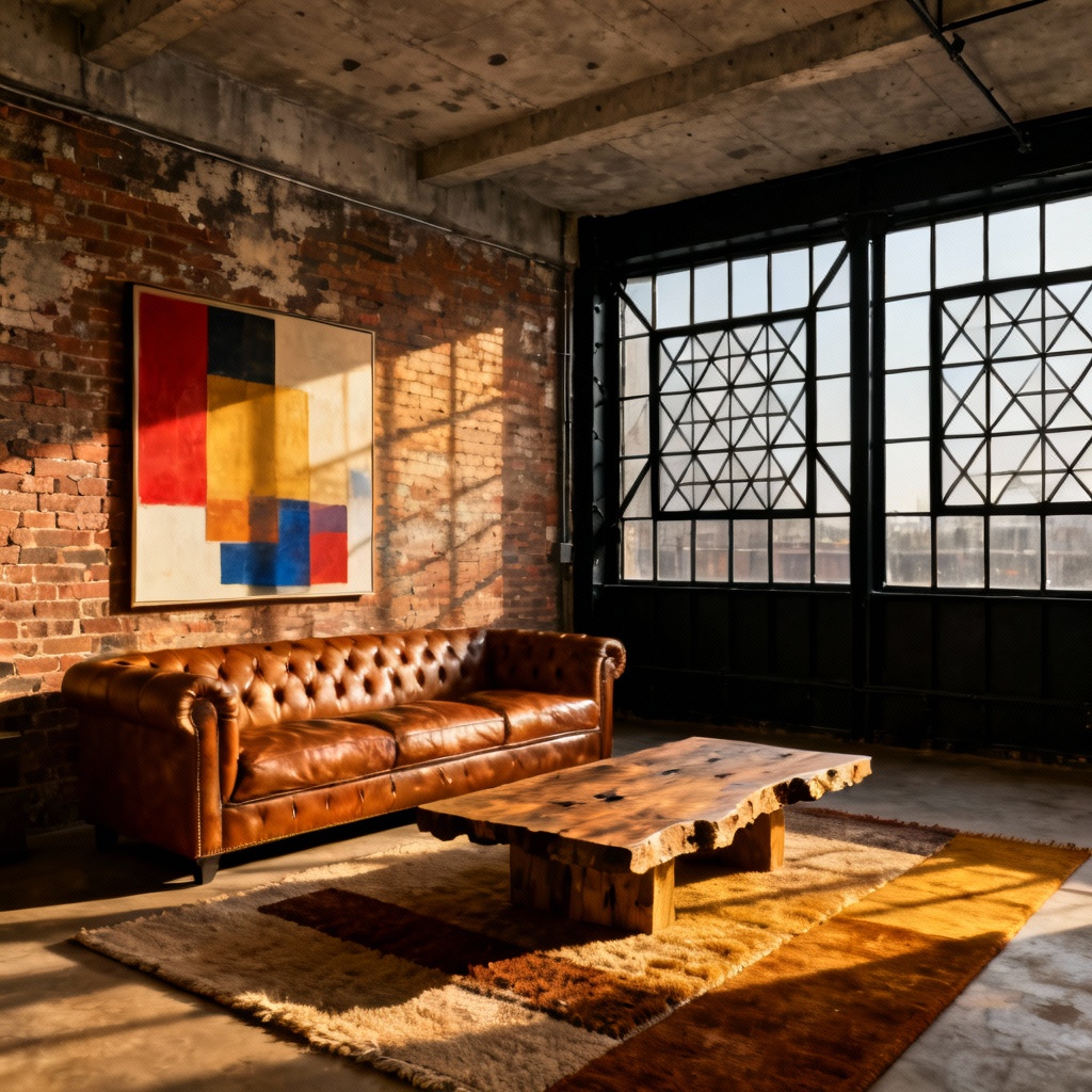 Industrial loft living space with brick wall and leather sofa