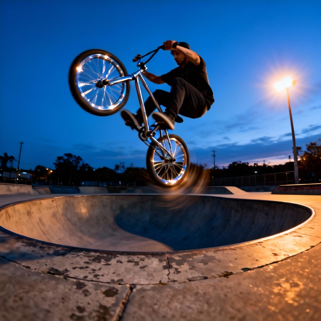AI BMX rider performing a tailwhip at a concrete skatepark