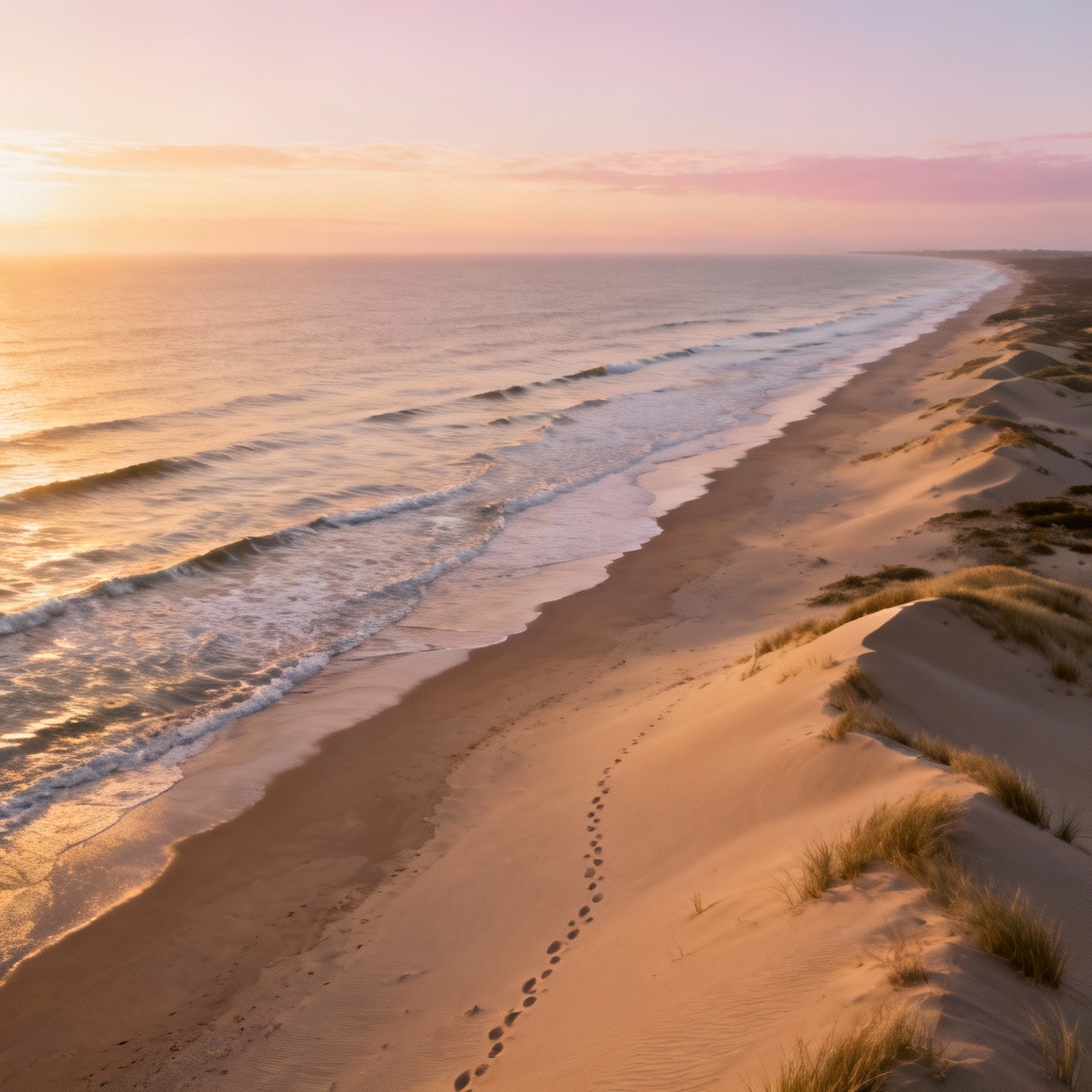 AI aerial beach sunrise scene with soft waves and dunes
