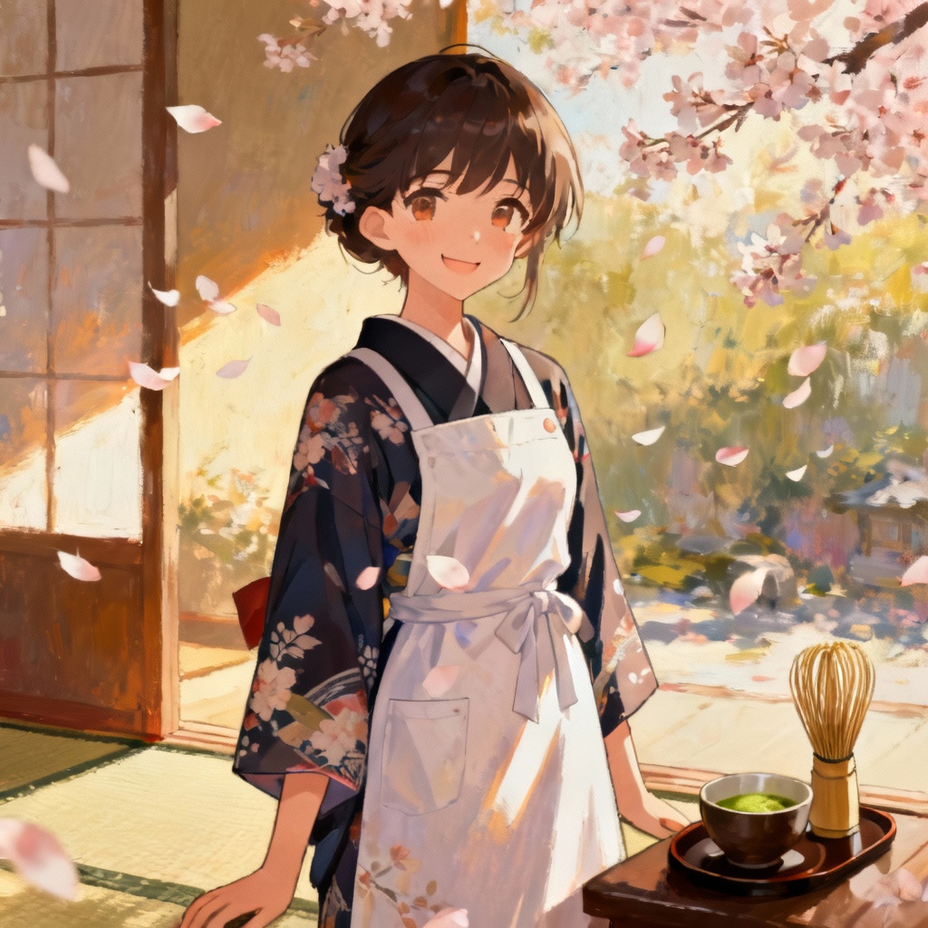 AI waifu maid in kimono-inspired outfit with sakura