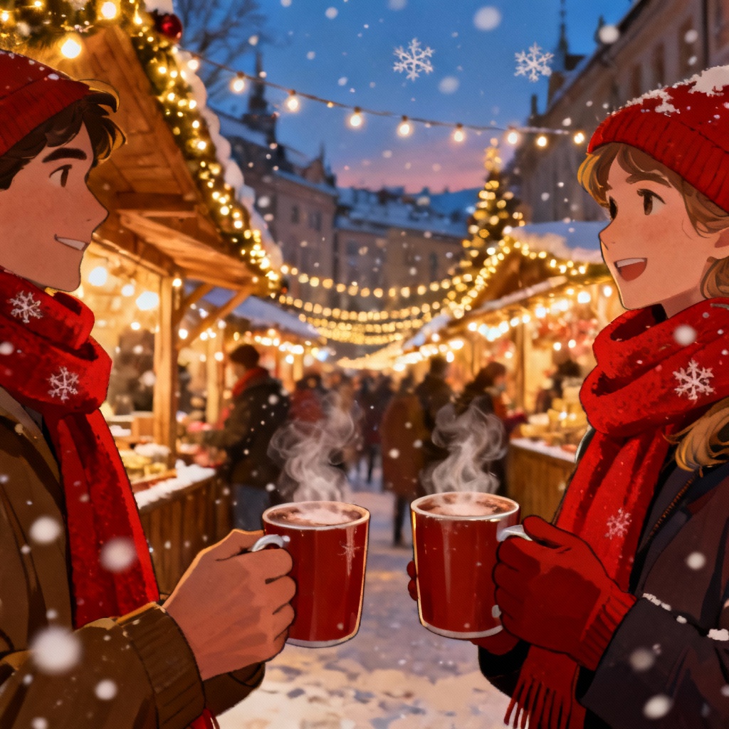 AI snowy Christmas market illustration with warm lights