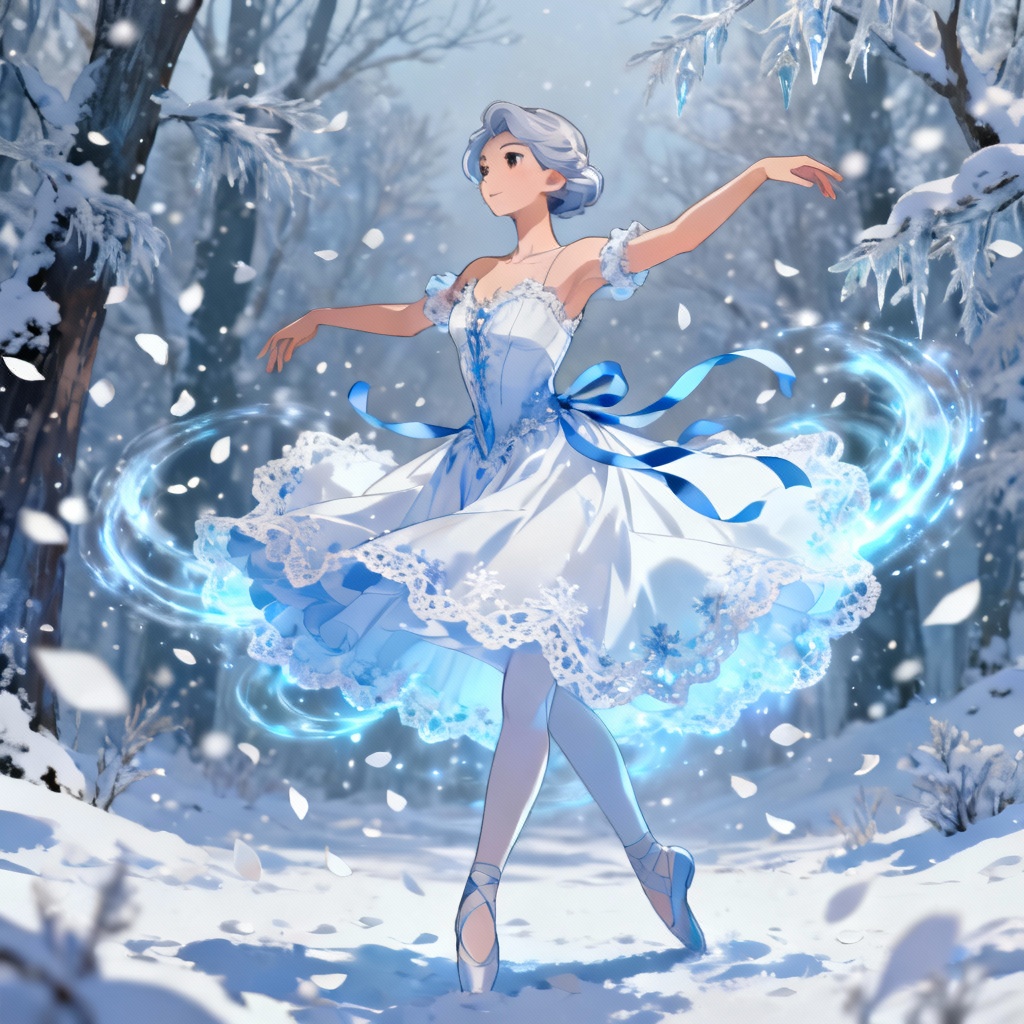AI Cryo dancer with snow petals and frosty aura