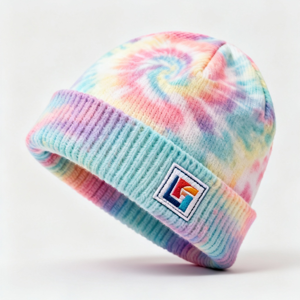 AI tie-dye beanie with woven patch logo