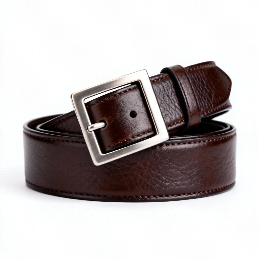 AI minimal espresso dress leather belt with nickel buckle