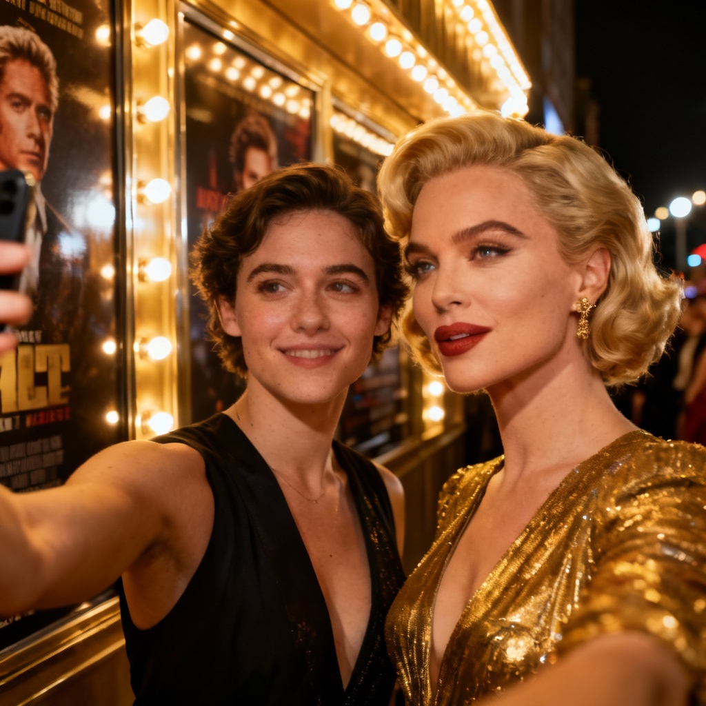 AI movie premiere selfie with celebrity lookalike