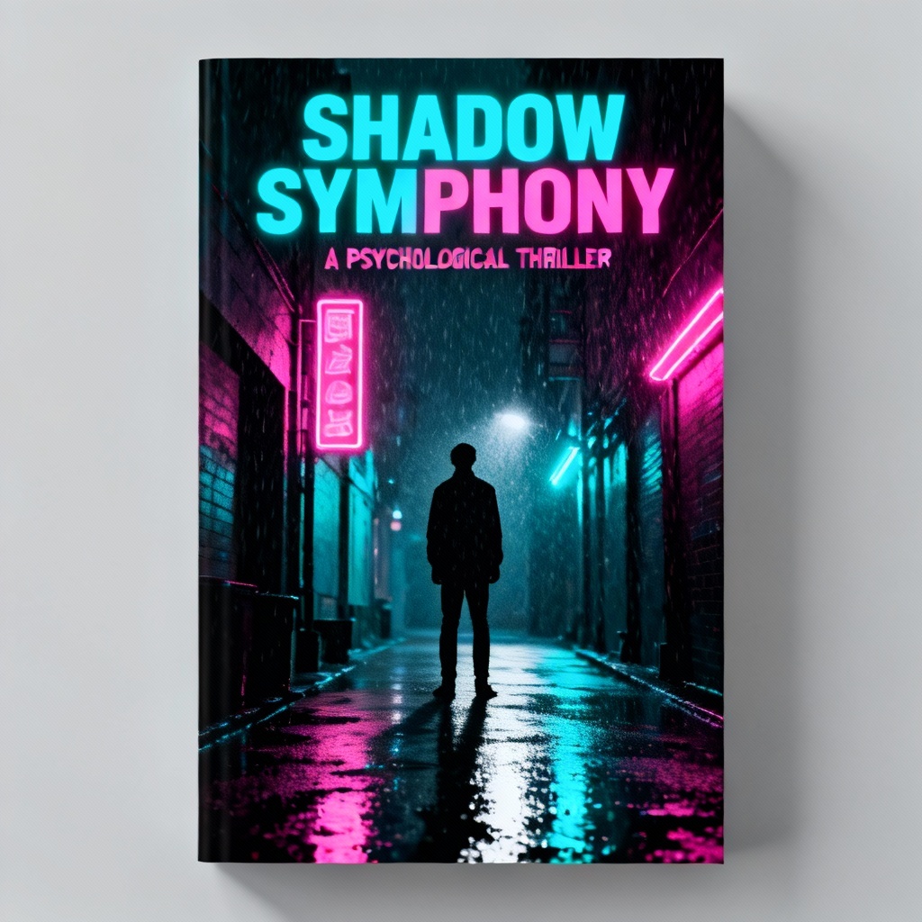 AI thriller book cover with neon alley and silhouette