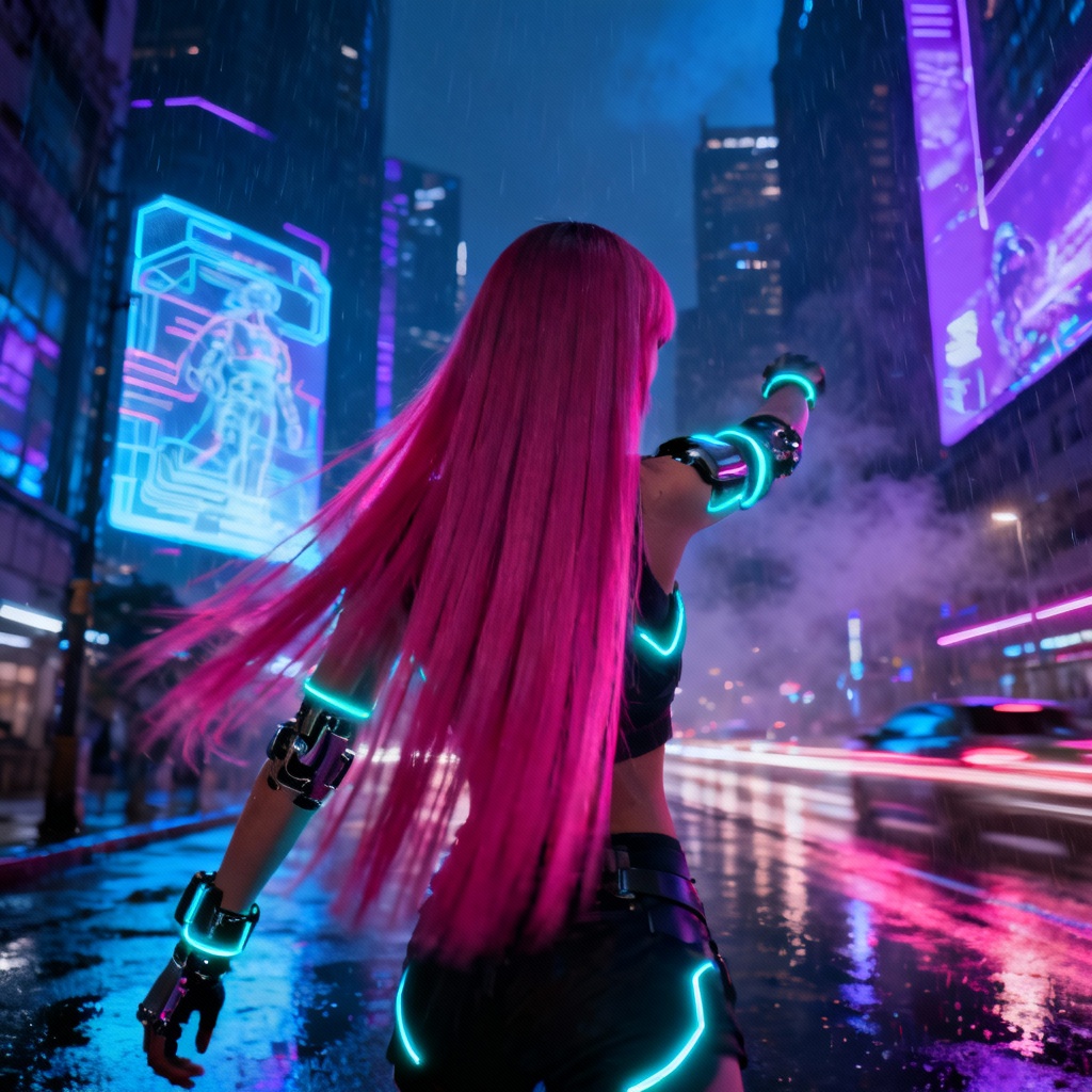AI neon magenta pink hair with cyberpunk underglow