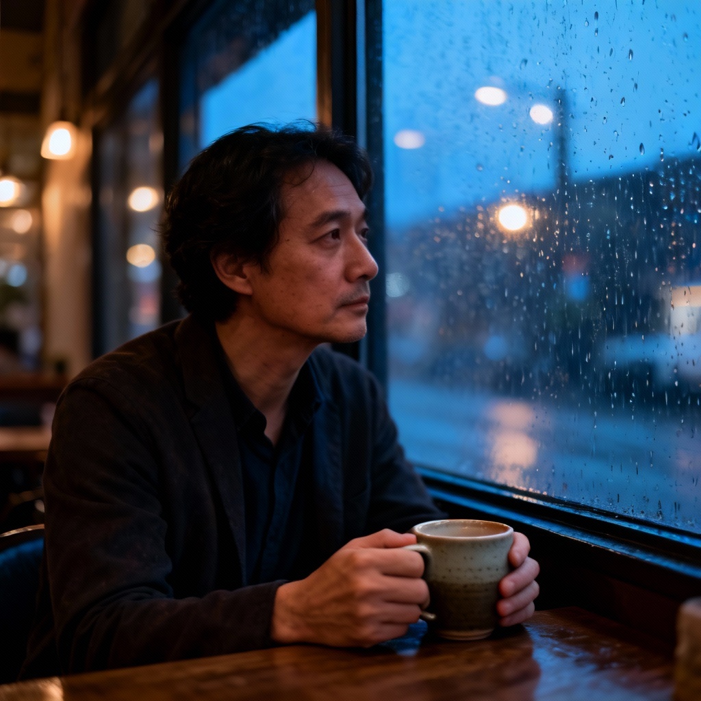 AI reflective cafe portrait with rainy window reflections