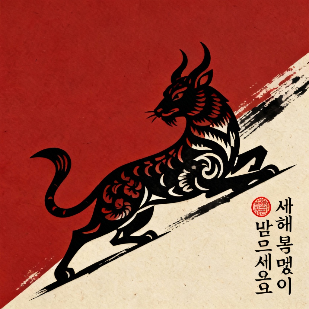 Bold zodiac animal Seollal card in cut-paper style