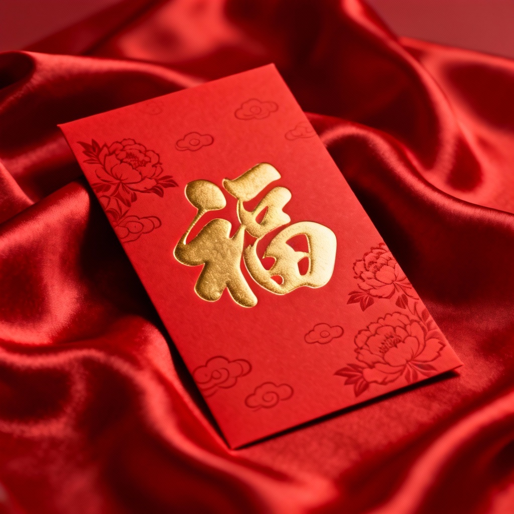 AI Chinese red envelope mockup with gold foil peony and 福 character