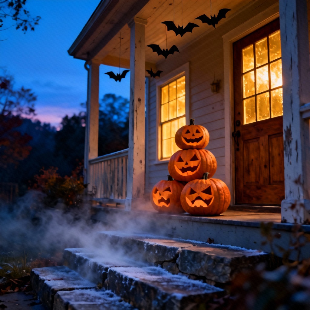 AI spooky porch with stacked pumpkins, bats, and fog