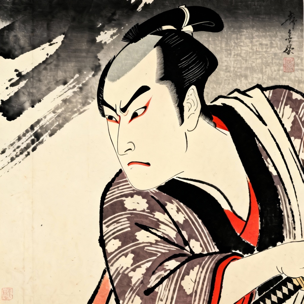 AI ukiyo-e samurai portrait with kabuki makeup style